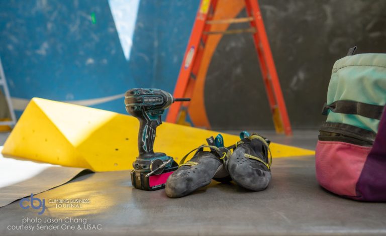 image of drill and climbing shoes