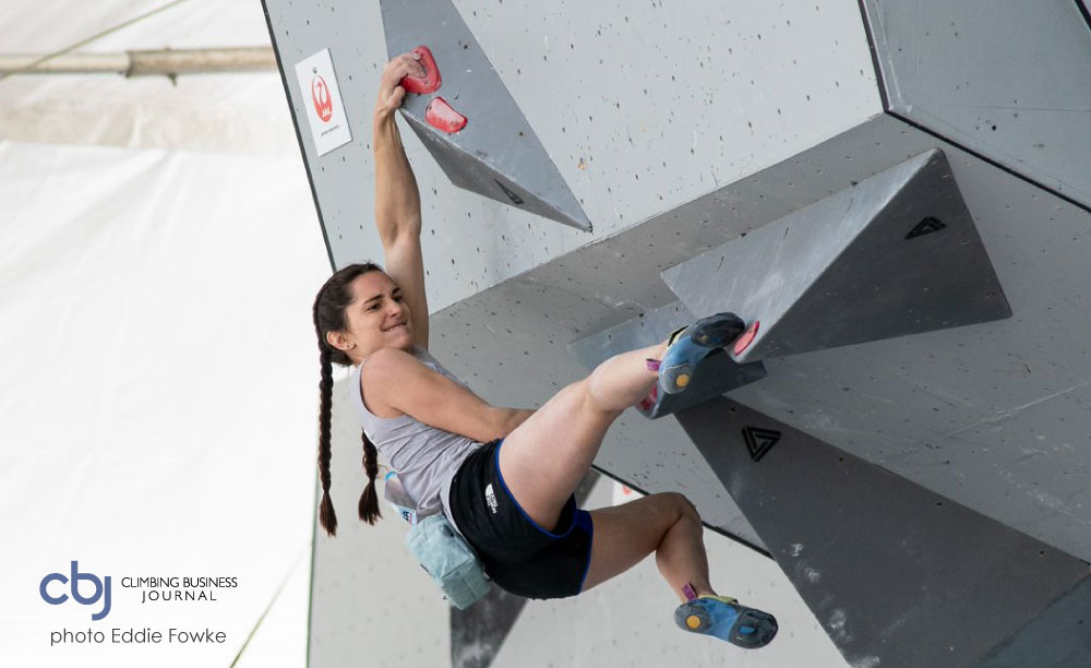 Kyra Condie bouldering in competition