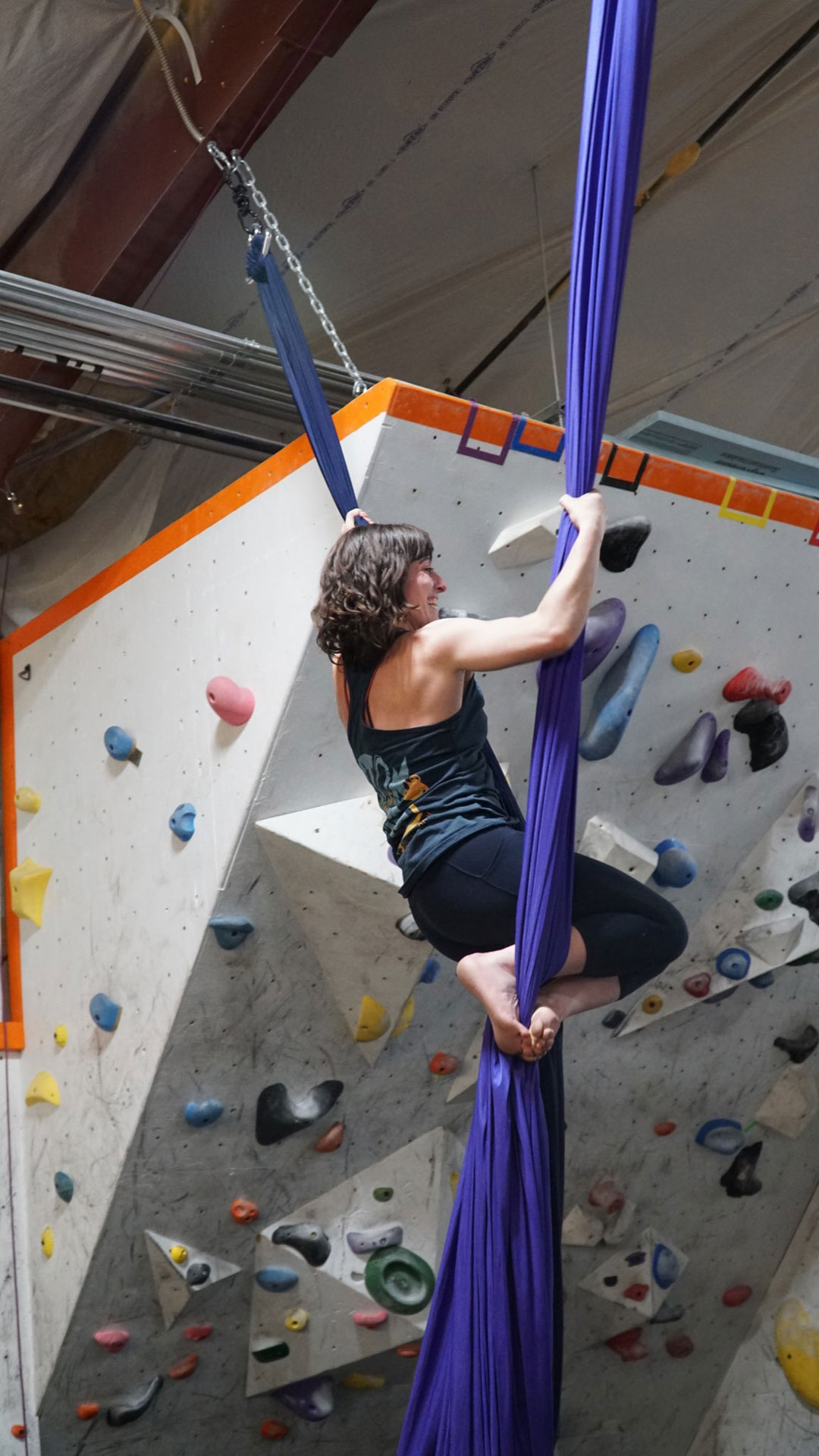 Piperno practicing aerial silks at Teton Rock Gym