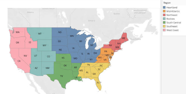 USA Climbing Realigns Regions: map of the new Collegiate series divisions.