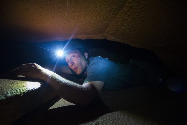 CaveSim creator and owner Dave Jackson crawls through the artificial caves under the climbing area at CityRock Wednesday, July 27, 2016. Jackson, an electronic engineer during the day, spent about three years designing the caves that opened about three weeks ago at the Colorado Springs climbing gym. (The Gazette, Christian Murdock)